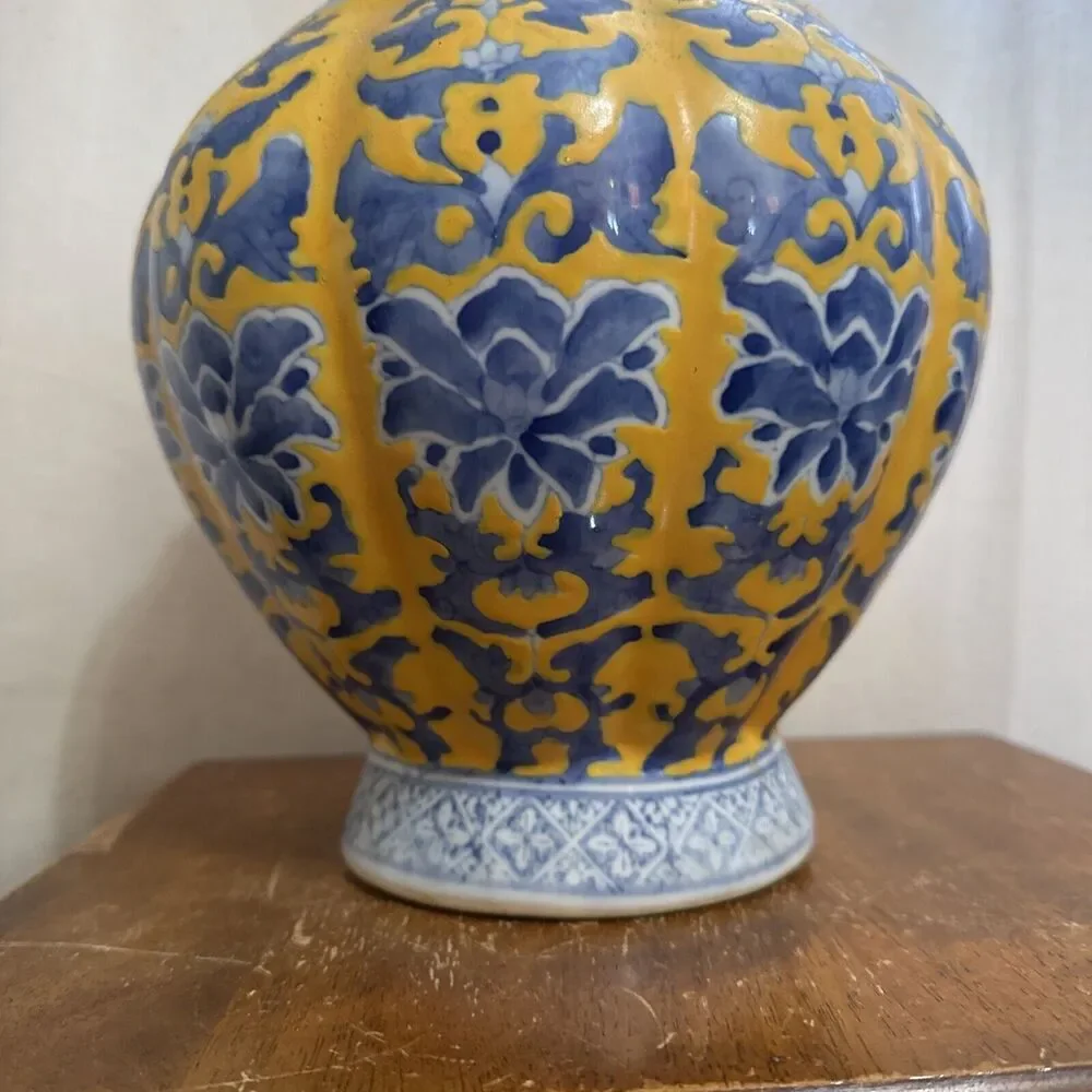 14” Qianlong Style Blue White Yellow Glaze‎ Porcelain Flower Zun Bottle Vase VTG